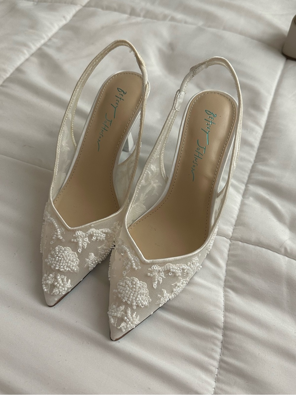 Betsey Johnson Ivory Beaded Pointed Slingback Heels